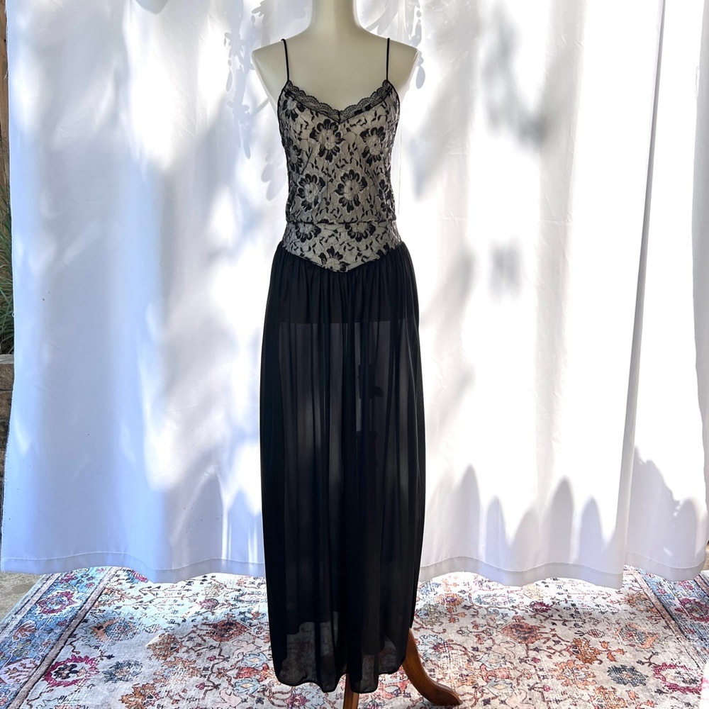 Vintage UnderCover Wear nylon rayon lingerie slip maxi black lace dress small